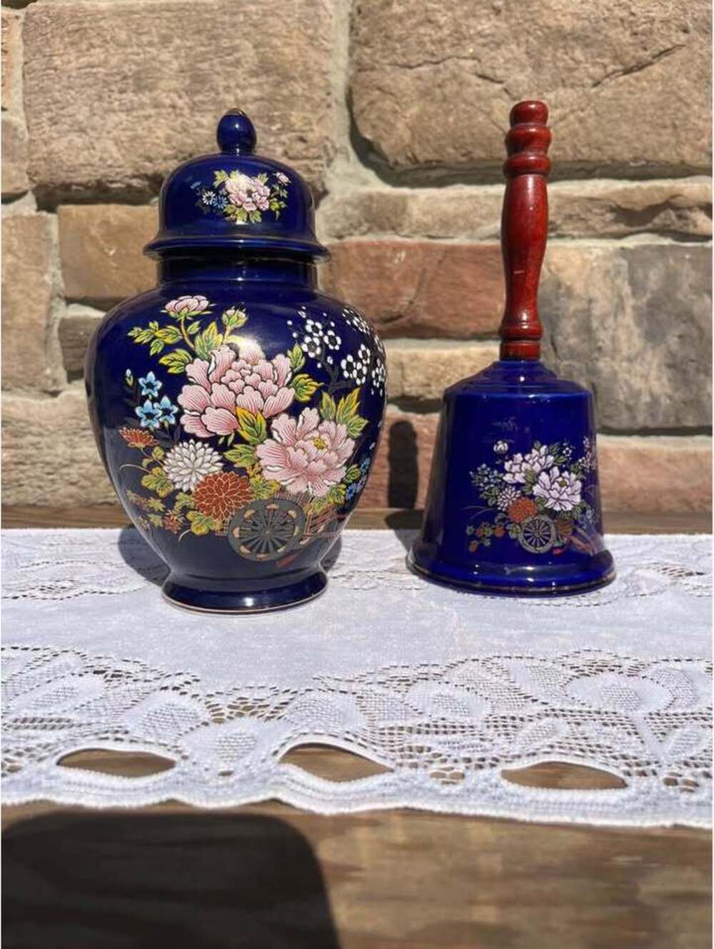 Vintage Kutani Japan Cobalt Blue Porcelain Matching Set - Ginger Jar & Hand Bell